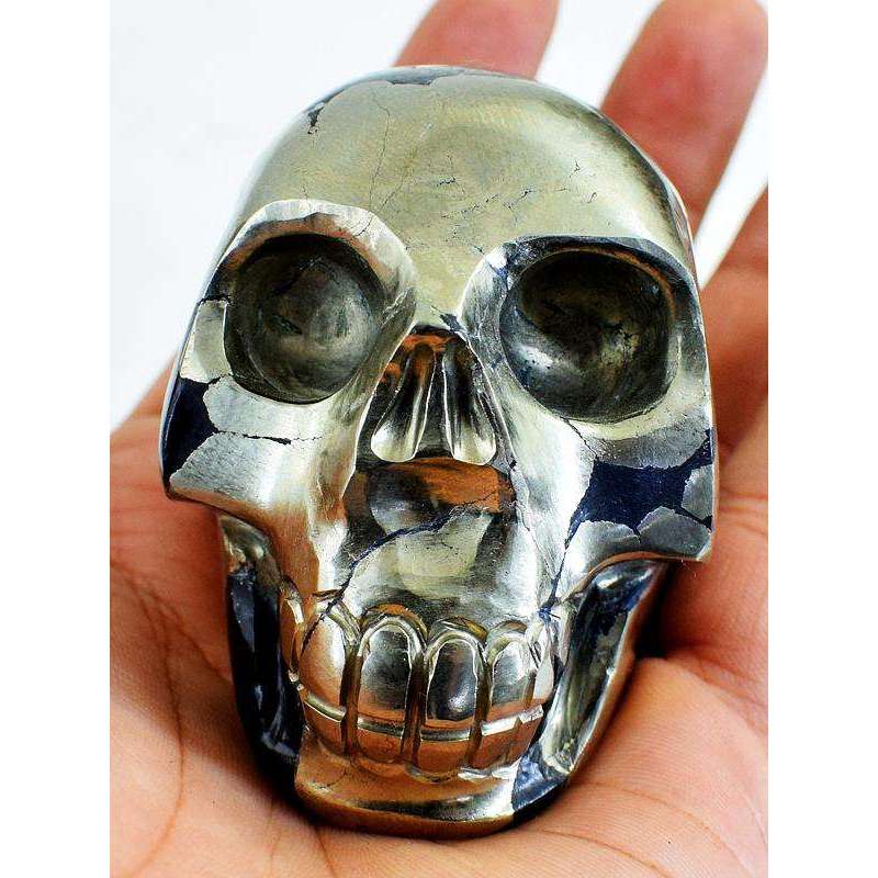 gemsmore:Exclusive Golden Pyrite Hand Carved Skull Gemstone