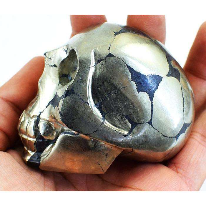 gemsmore:Exclusive Golden Pyrite Hand Carved Skull Gemstone