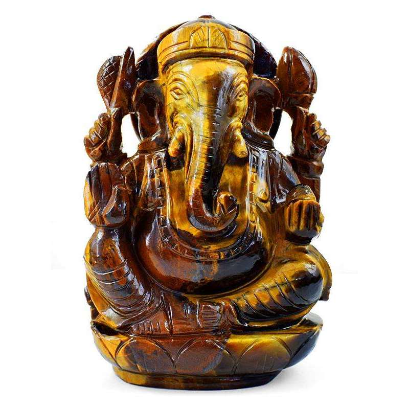 gemsmore:Exclusive Golden Tiger Eye Gemstone Carved Lord Ganesha Idol Statute