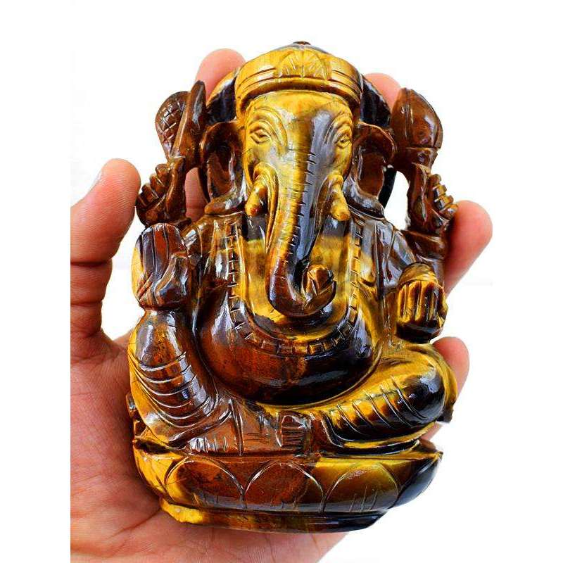 gemsmore:Exclusive Golden Tiger Eye Gemstone Carved Lord Ganesha Idol Statute