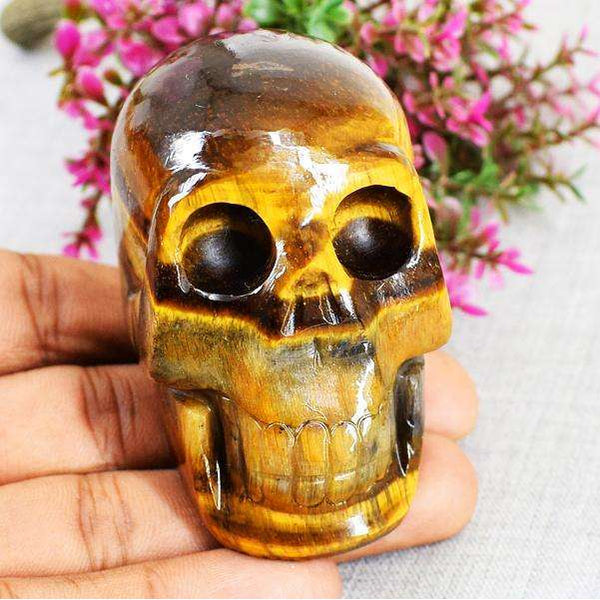 gemsmore:Exclusive Golden Tiger Eye Hand Carved Human Skull