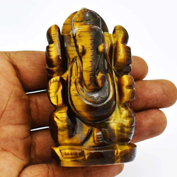 gemsmore:Exclusive Golden Tiger Eye Lord Carved Ganesha Idol