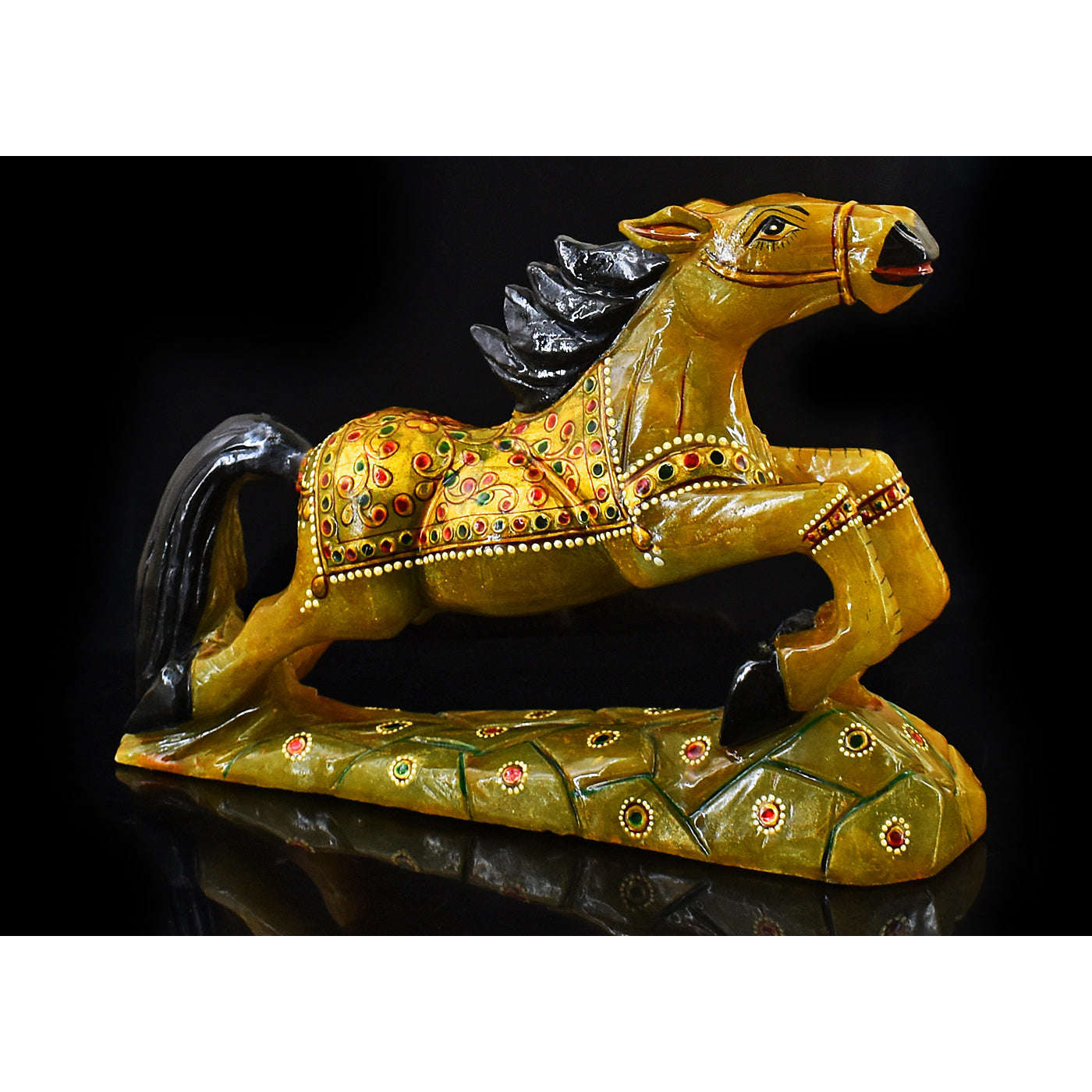 gemsmore:Exclusive Green Aventurine Enamel Painted Hand Carved Horse