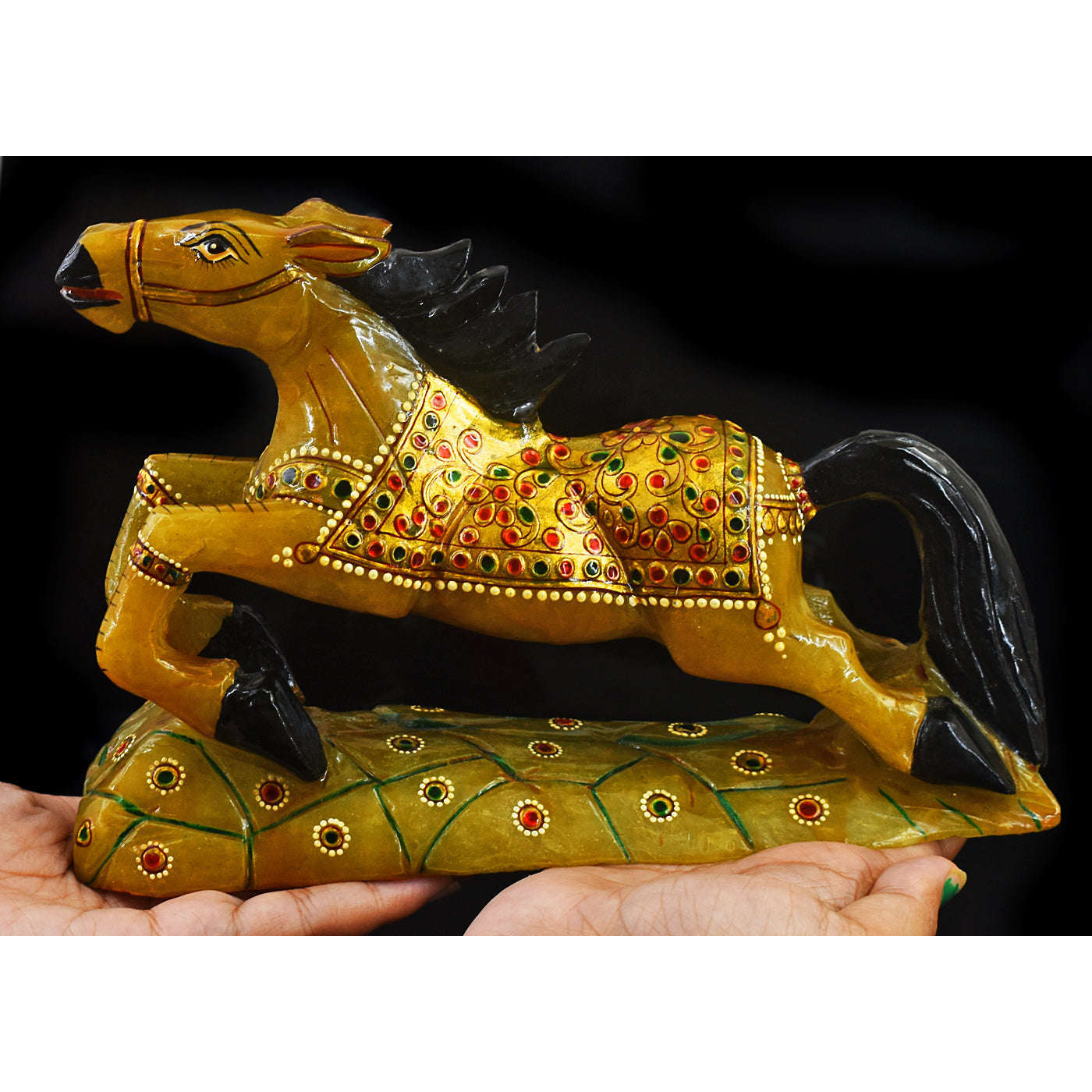 gemsmore:Exclusive Green Aventurine Enamel Painted Hand Carved Horse