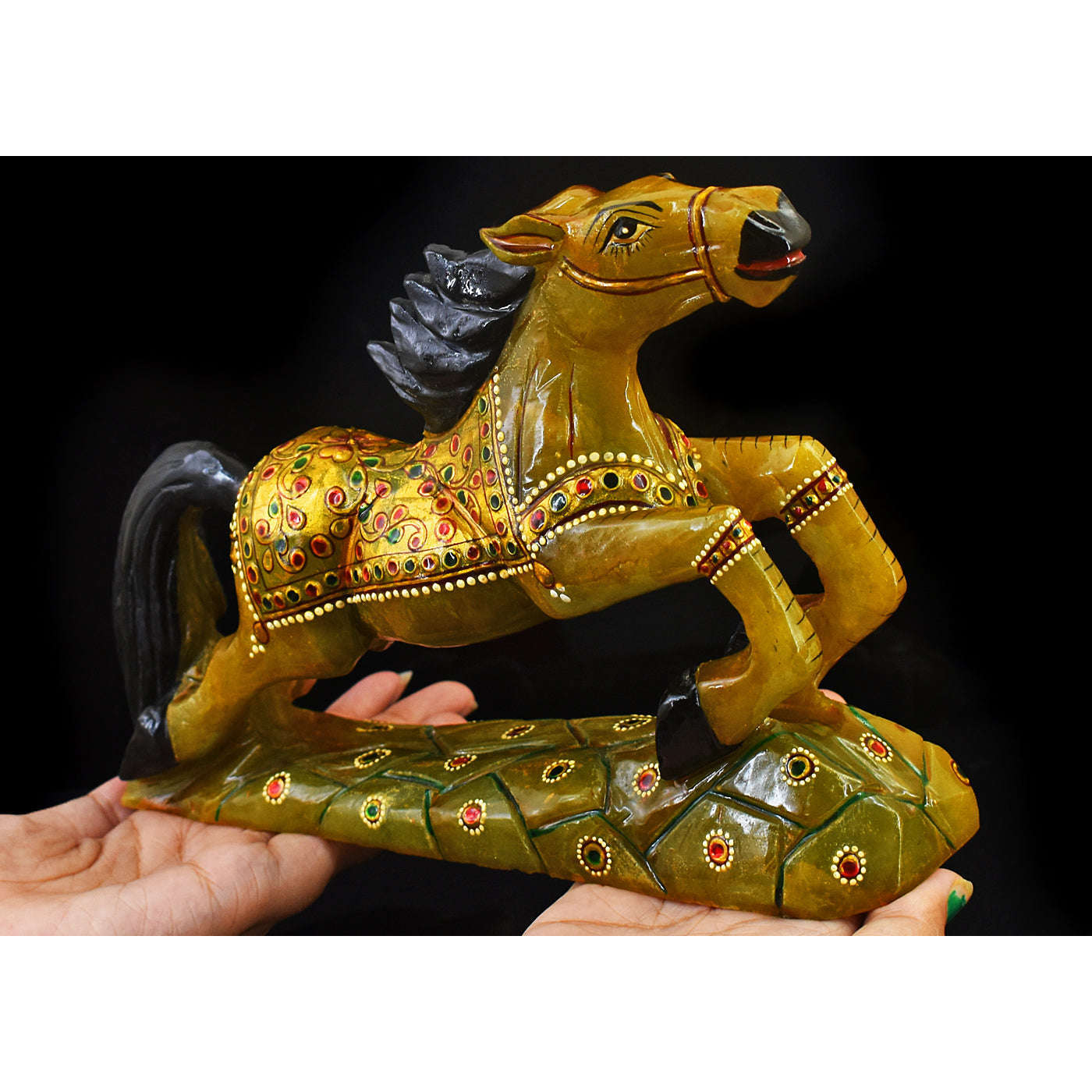 gemsmore:Exclusive Green Aventurine Enamel Painted Hand Carved Horse