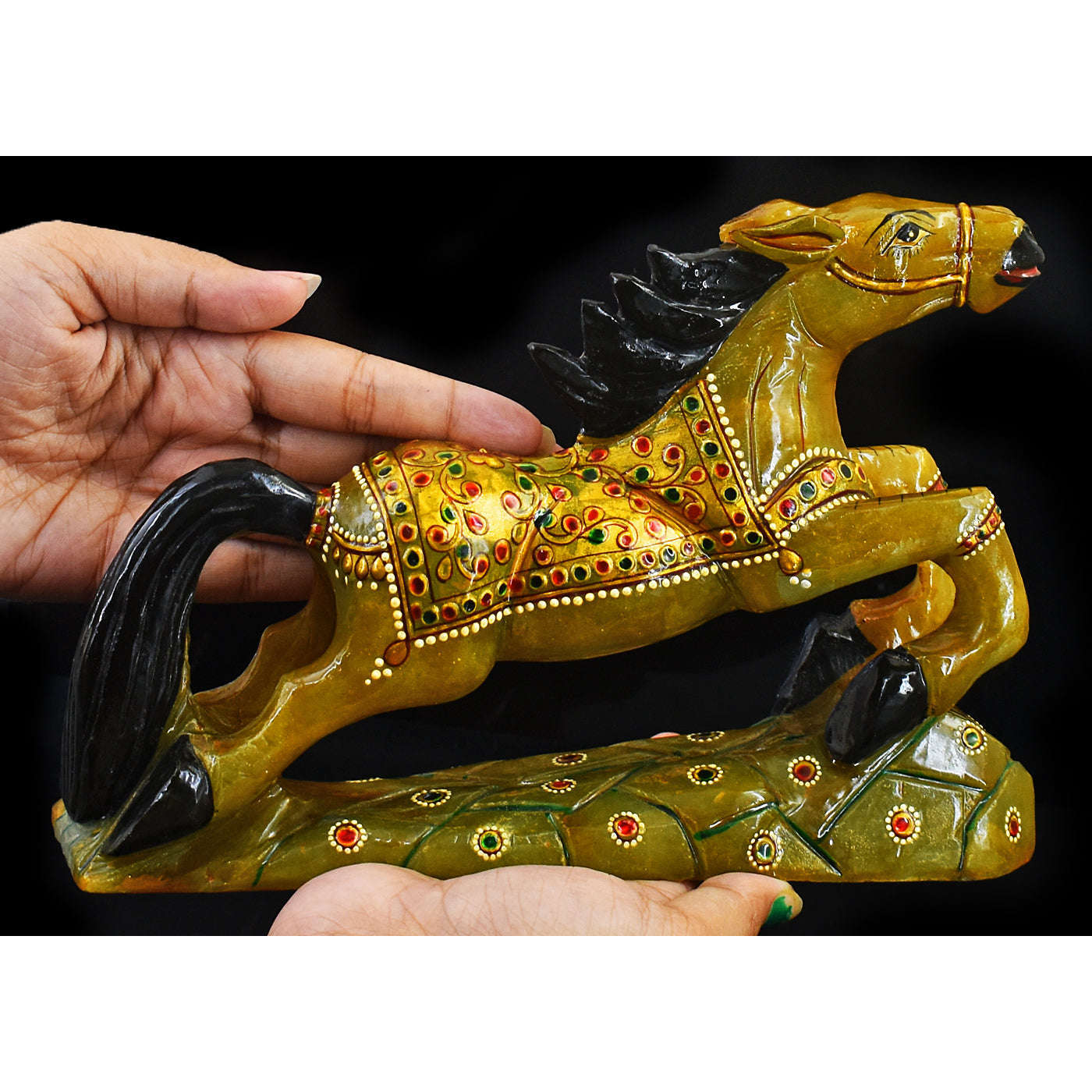 gemsmore:Exclusive Green Aventurine Enamel Painted Hand Carved Horse