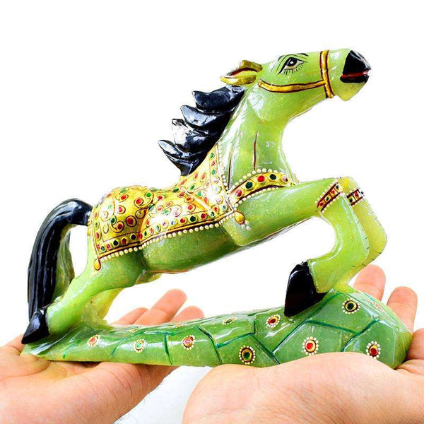 gemsmore:Exclusive Green Aventurine Enamel Painted Hand Carved Horse
