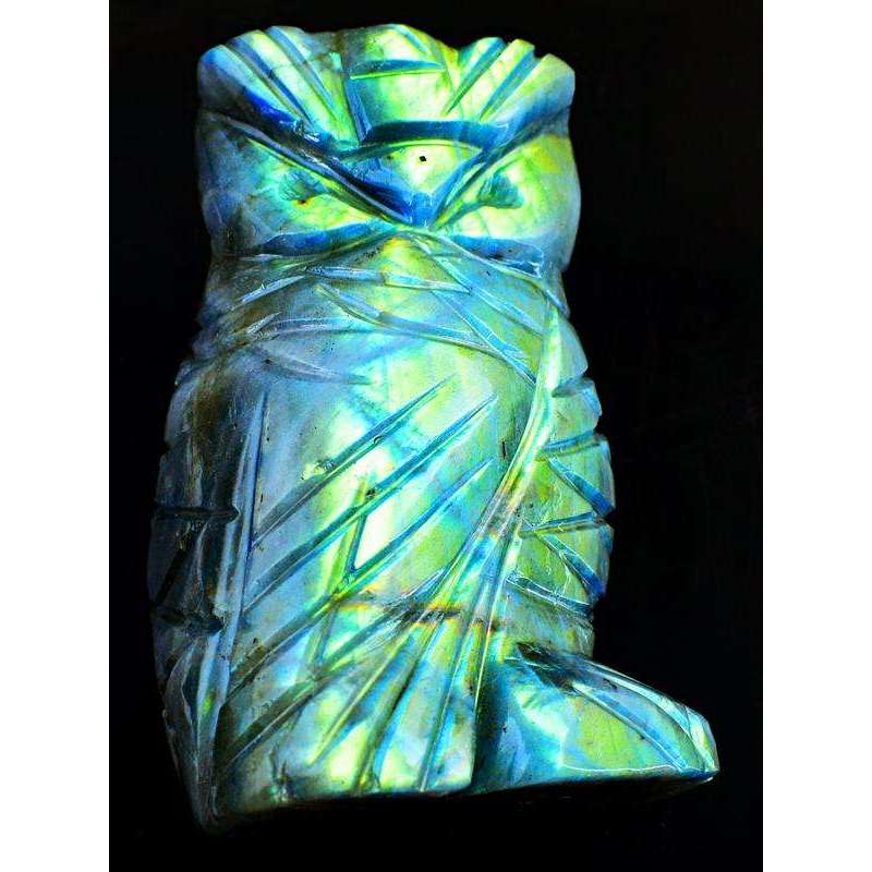gemsmore:Exclusive Green Flash Labardorite Hand Carved Gemstone Owl