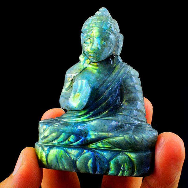 gemsmore:Exclusive Green Flash Labradorite Carved Buddha Idol
