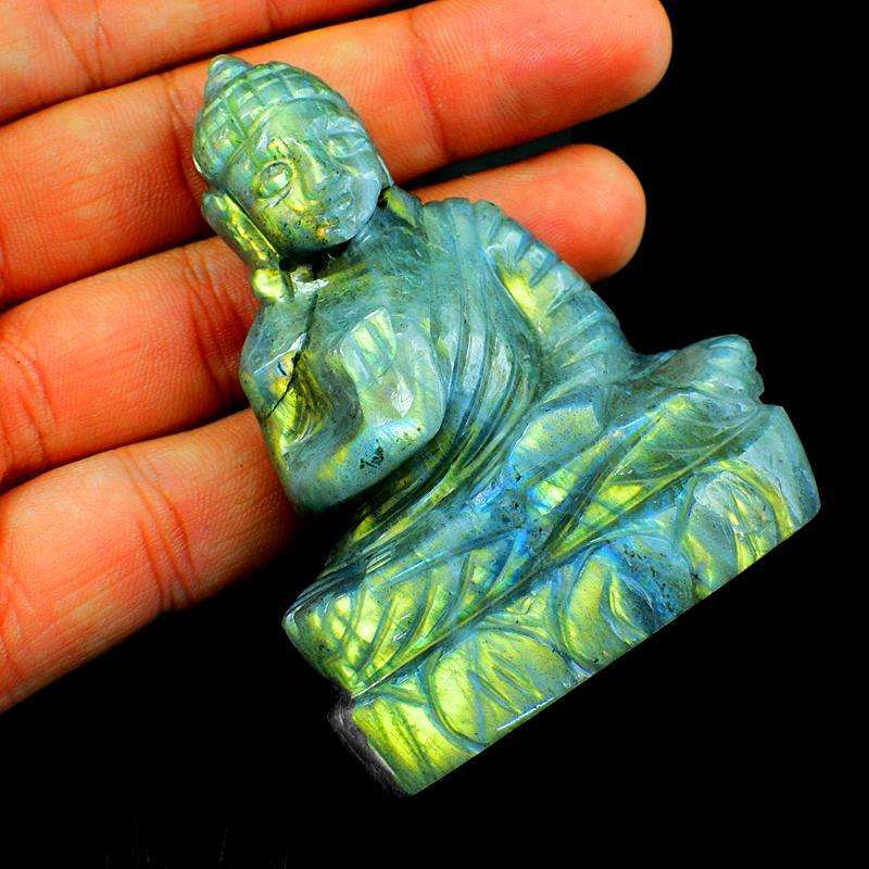 gemsmore:Exclusive Green Flash Labradorite Carved Buddha Idol
