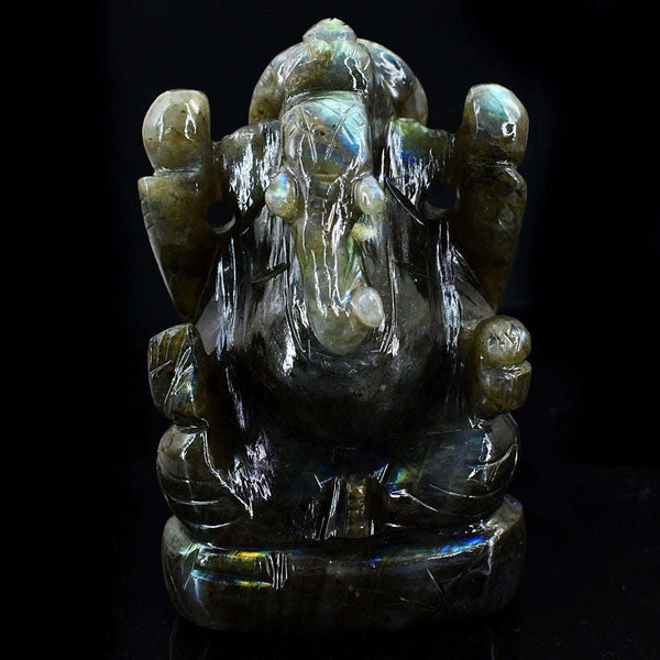 gemsmore:Exclusive Green Flash Labradorite  Hand Carved Lord  Ganesha