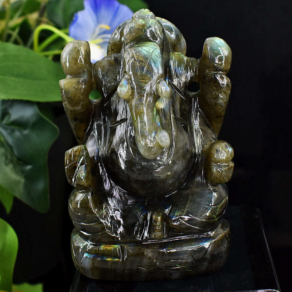 gemsmore:Exclusive Green Flash Labradorite  Hand Carved Lord  Ganesha