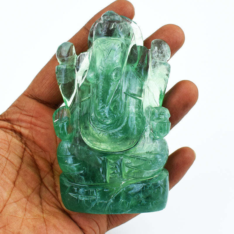 gemsmore:Exclusive Green Fluorite Hand Carved Genuine Crystal Gemstone Carving Lord Ganesha