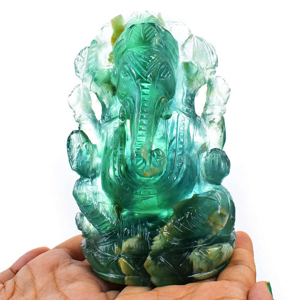 gemsmore:Exclusive Green Fluorite Hand Carved Lord Ganesha Idol