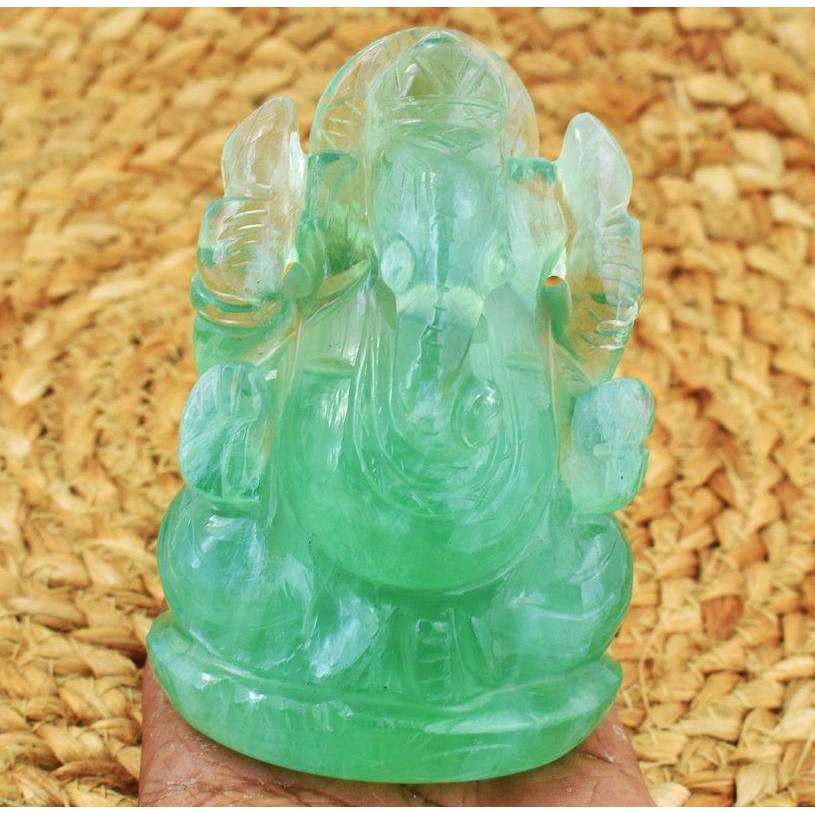 gemsmore:Exclusive Green Fluorite Hand Carved Lord Ganesha Idol