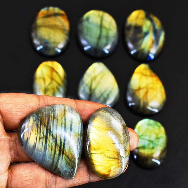 gemsmore:Exclusive Green & Golden Flash Labradorite Untreated Gemstone Cabochon Lot