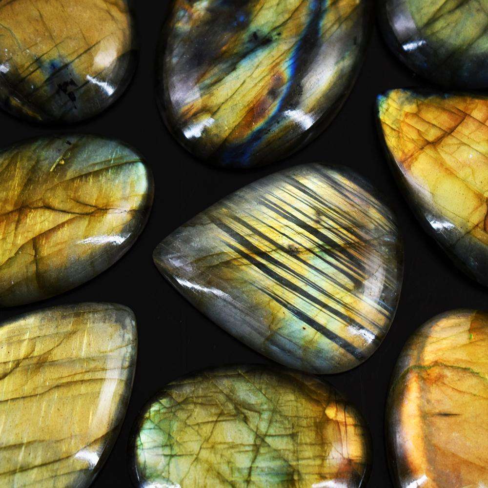 gemsmore:Exclusive Green & Golden Flash Labradorite Untreated Gemstone Cabochon Lot