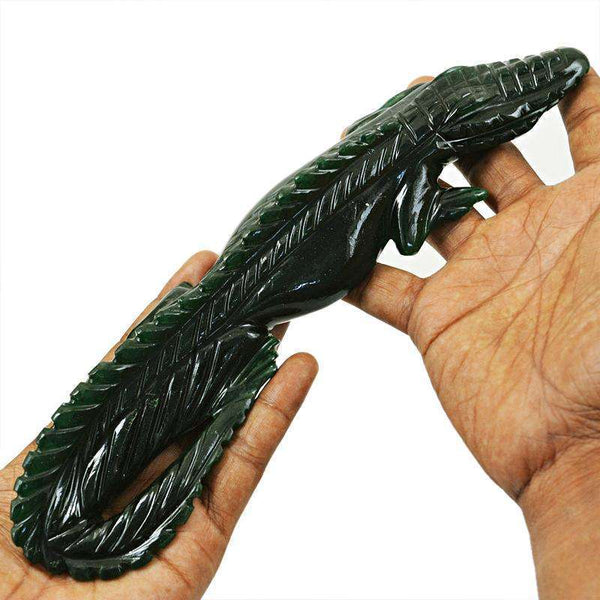 gemsmore:Exclusive Green Jade Carved Crocodile - Artisian Carved