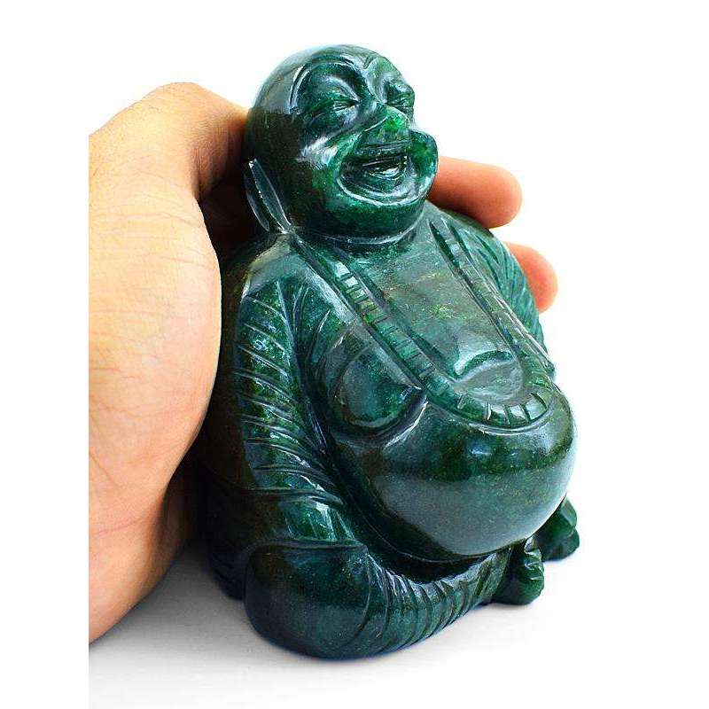 gemsmore:Exclusive Green Jade Gemstone Carved Laughing Buddha Idol Statute