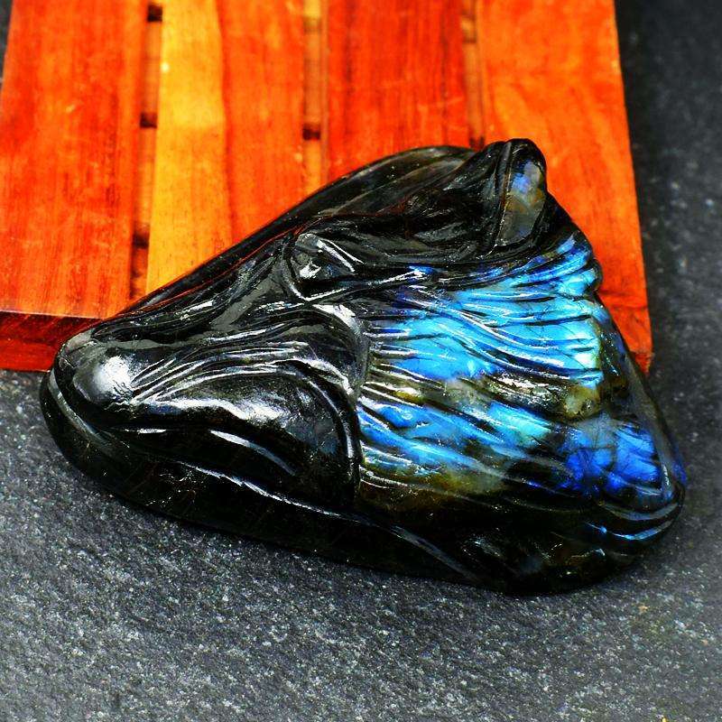 gemsmore:Exclusive Hand Carved Blue Flash Labradorite Wolf Head