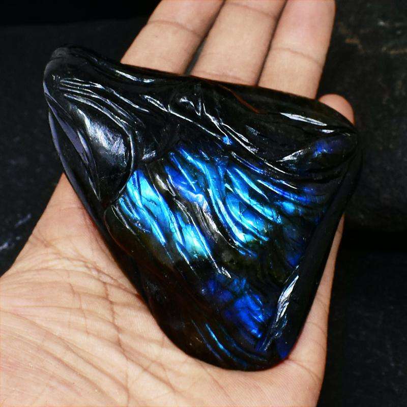 gemsmore:Exclusive Hand Carved Blue Flash Labradorite Wolf Head