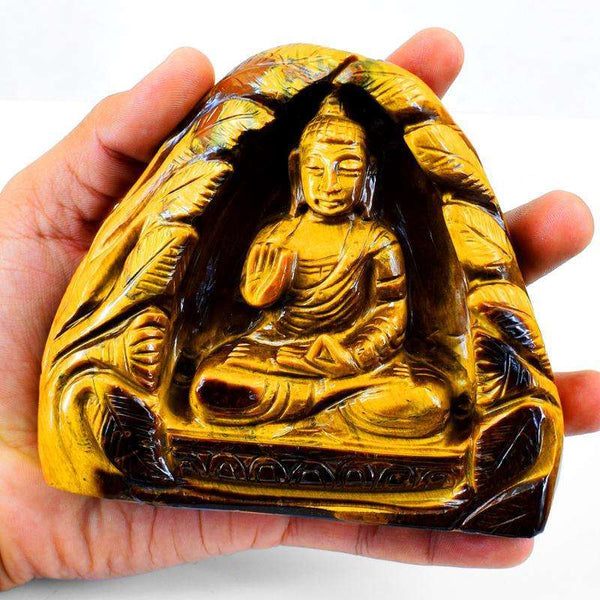 gemsmore:Exclusive Hand Carved Golden Tiger Eye Buddha In Cave