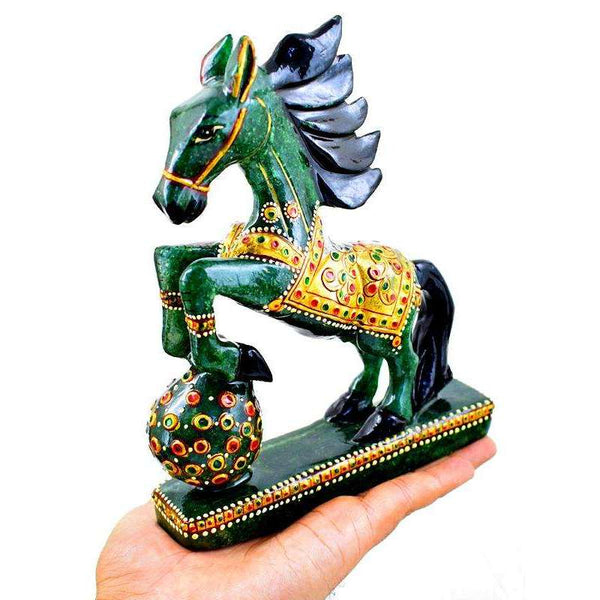 gemsmore:Exclusive Hand Carved Green Jade Enamel Painted Horse Carving