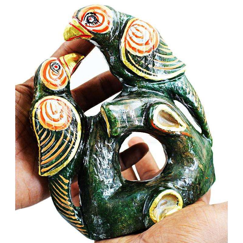 gemsmore:Exclusive Hand Carved Green Jade Enamel Painted Twin Bird