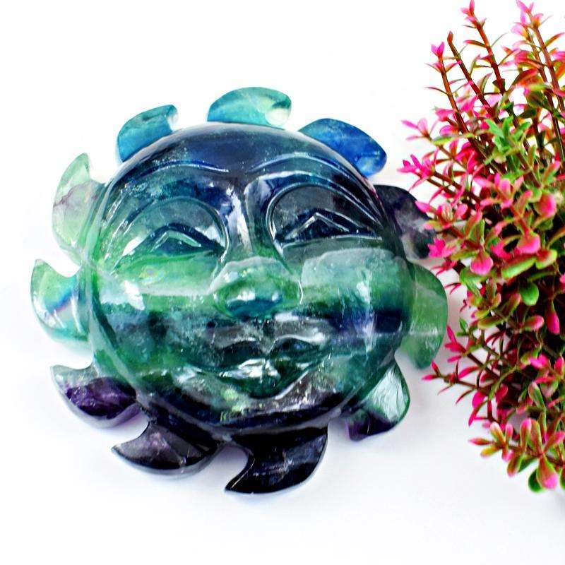 gemsmore:Exclusive Hand Carved Multicolored Fluorite Gemstone Sun Face