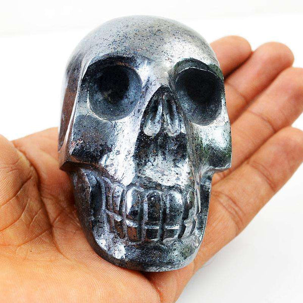 gemsmore:Exclusive Hand Carved Silver Hematite Gemstone Skull