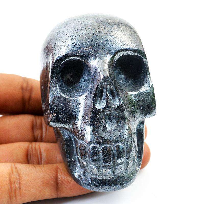 gemsmore:Exclusive Hand Carved Silver Hematite Gemstone Skull