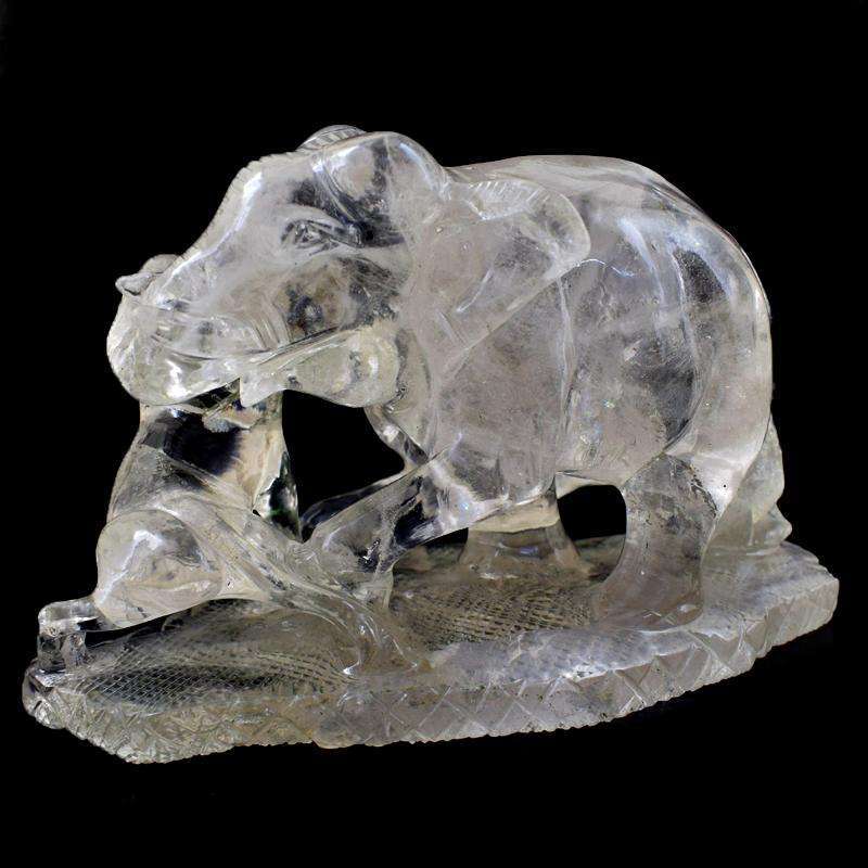 gemsmore:Exclusive Hand Carved White Quartz Lions Hunting Elephant Scene