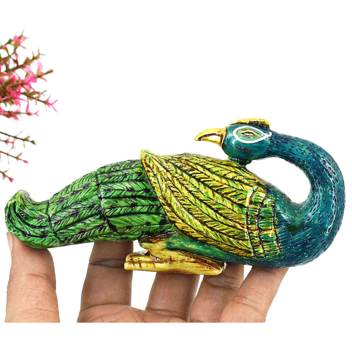 gemsmore:Exclusive Jade Enamel Printed Hand Carved Genuine Crystal Gemstone Carving Peacock