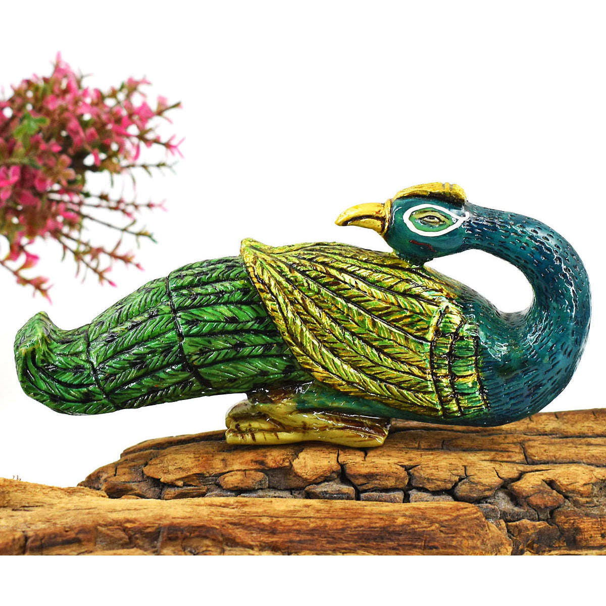 gemsmore:Exclusive Jade Enamel Printed Hand Carved Genuine Crystal Gemstone Carving Peacock