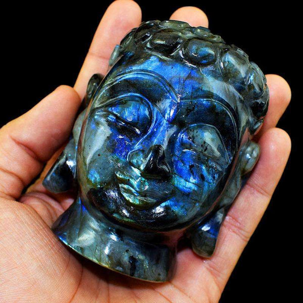 gemsmore:Exclusive Labradorite Gemstone Carved Lord Buddha Head Idol