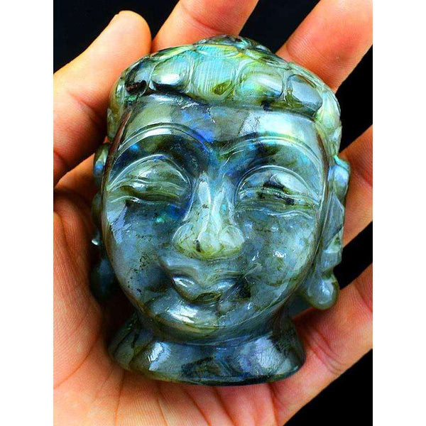 gemsmore:Exclusive Labradorite Gemstone Carved Lord Buddha Head Idol Statute