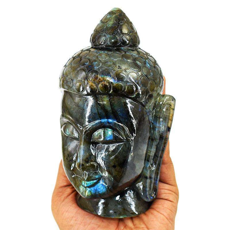 gemsmore:Exclusive Labradorite Hand Carved Genuine Crystal Gemstone Carving Buddha Head