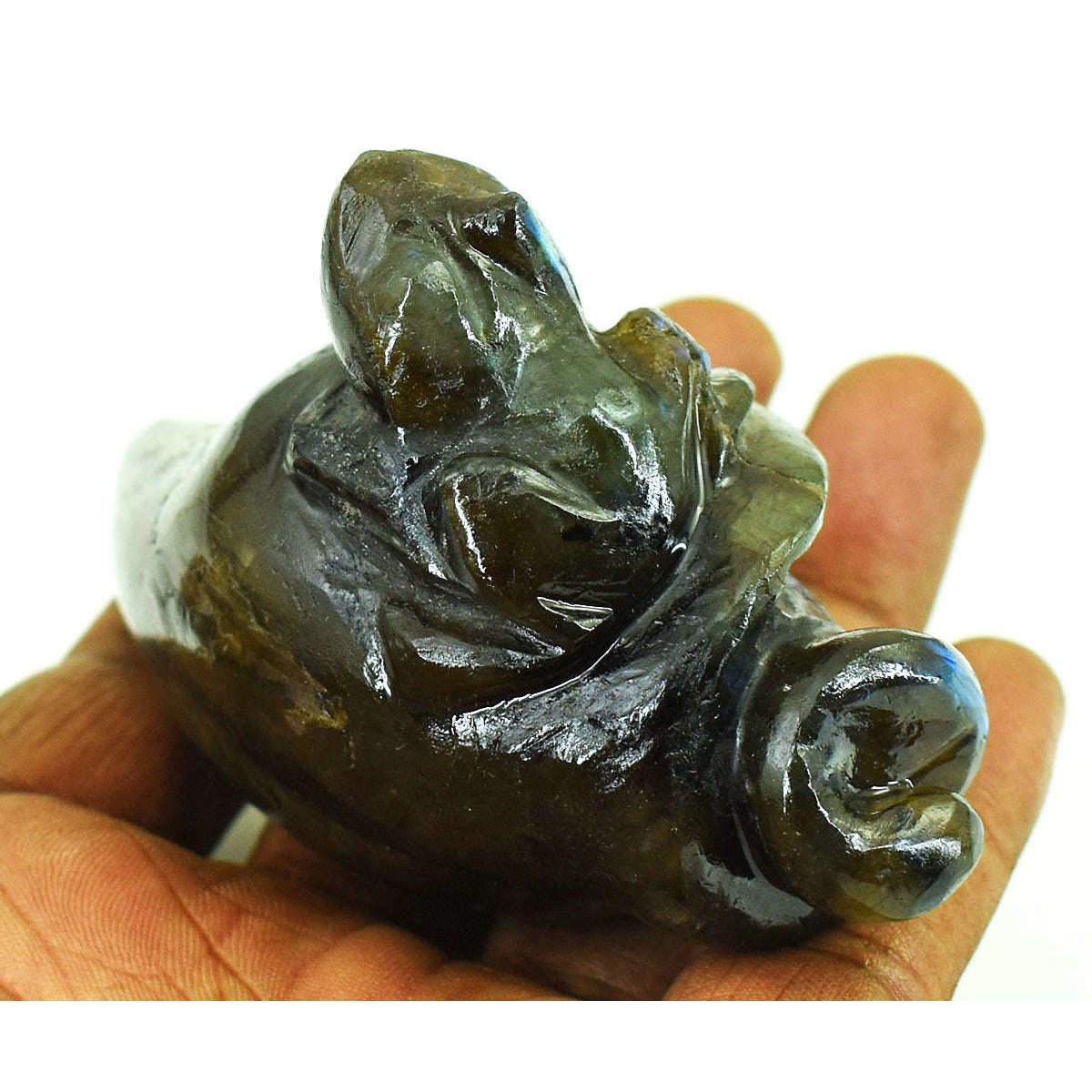 gemsmore:Exclusive Labradorite Hand Carved Genuine Crystal Gemstone Carving Conch With Frog