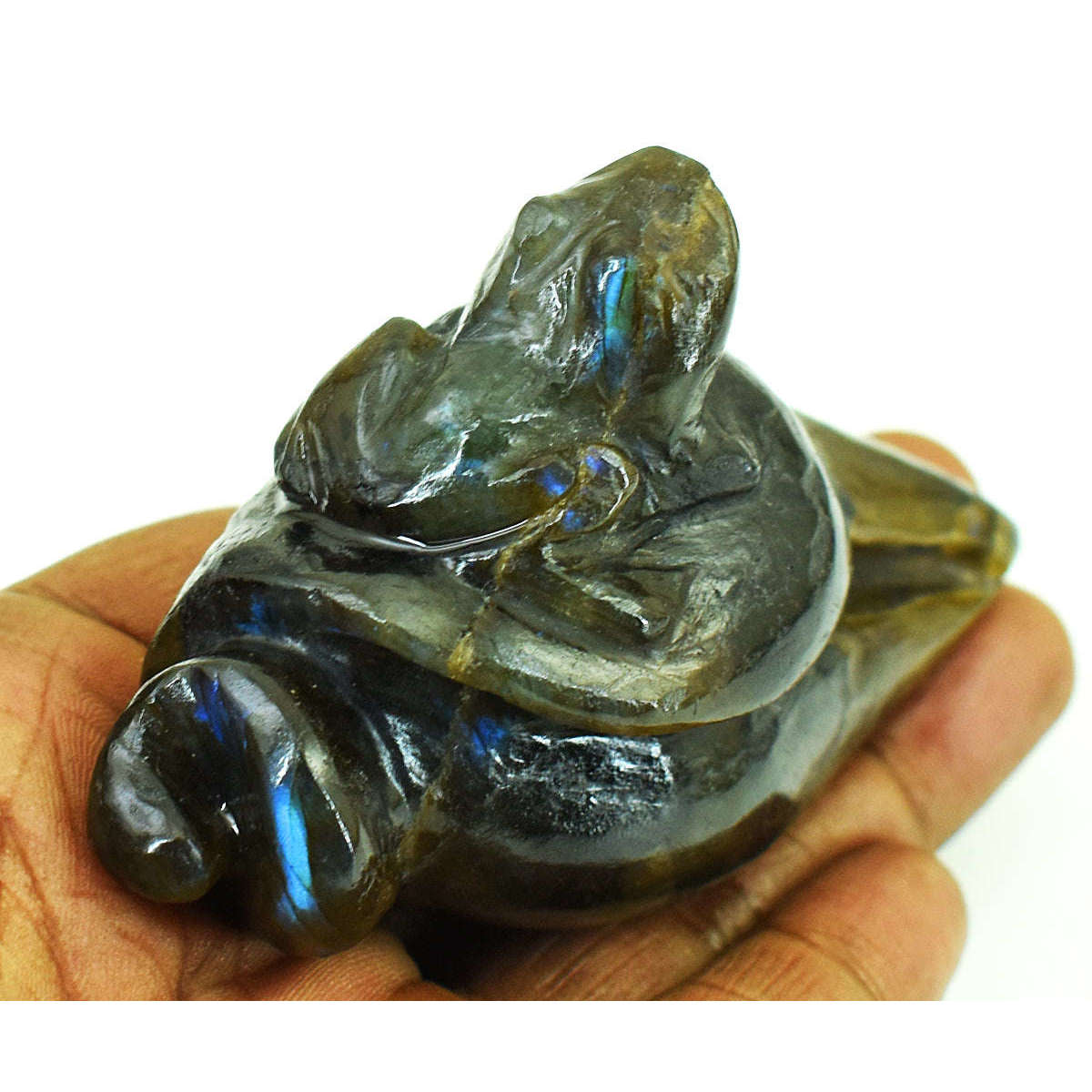 gemsmore:Exclusive Labradorite Hand Carved Genuine Crystal Gemstone Carving Conch With Frog