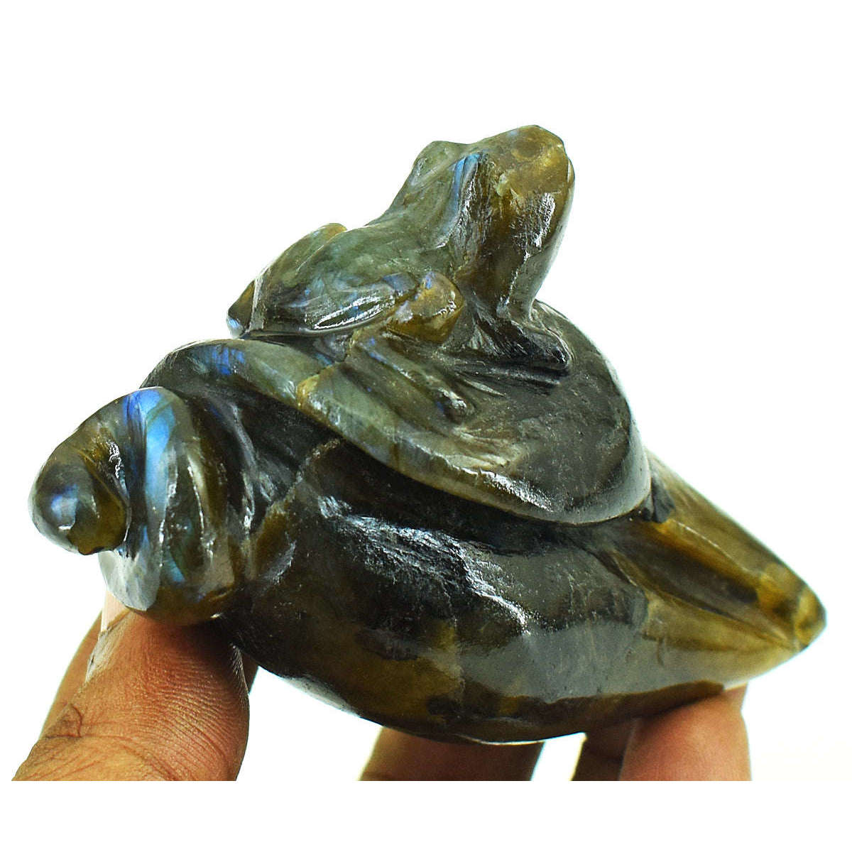 gemsmore:Exclusive Labradorite Hand Carved Genuine Crystal Gemstone Carving Conch With Frog