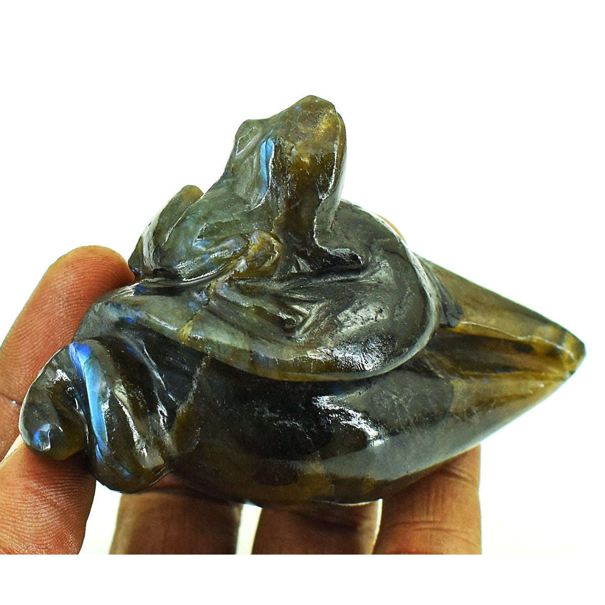 gemsmore:Exclusive Labradorite Hand Carved Genuine Crystal Gemstone Carving Conch With Frog