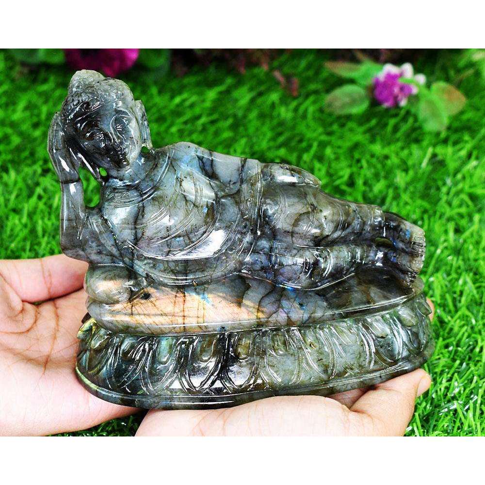 gemsmore:Exclusive Labradorite Hand Carved Genuine Crystal Gemstone Carving Huge Sleeping Lord Buddha