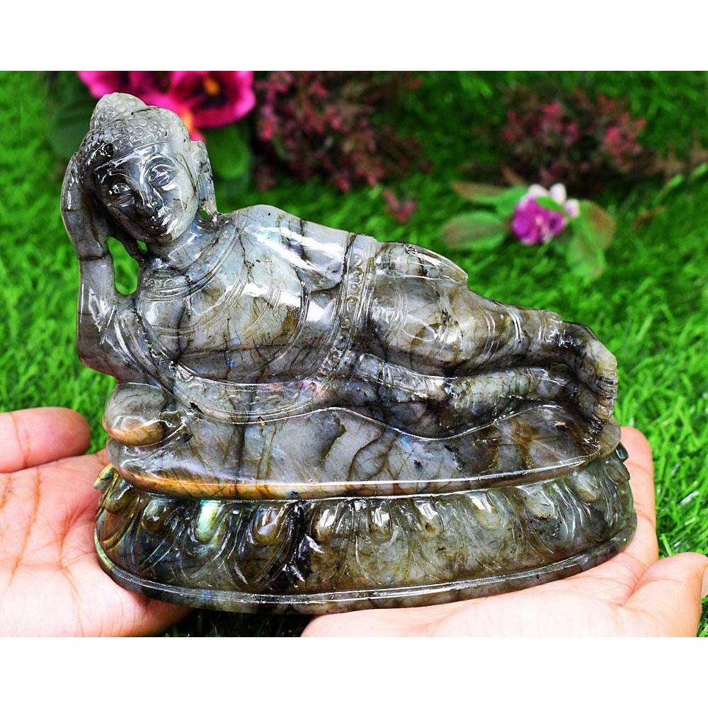 gemsmore:Exclusive Labradorite Hand Carved Genuine Crystal Gemstone Carving Huge Sleeping Lord Buddha