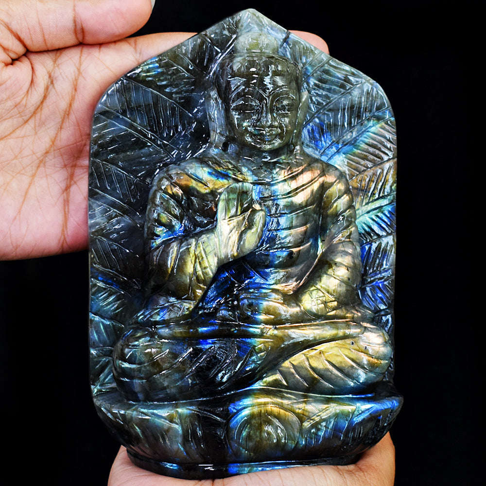 gemsmore:Exclusive Labradorite Hand Carved Genuine Crystal Gemstone Carving Leaf Palm Lord Buddha