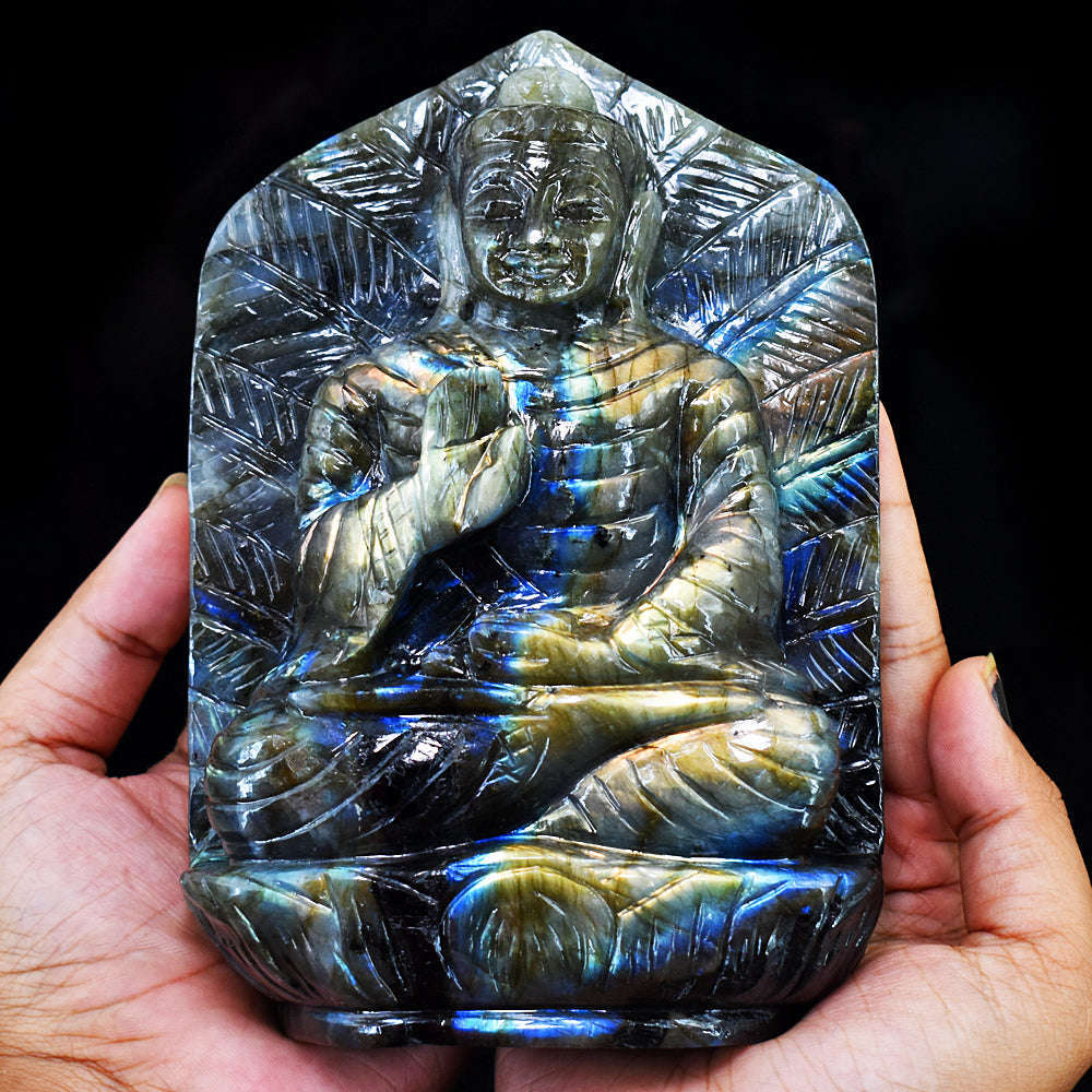 gemsmore:Exclusive Labradorite Hand Carved Genuine Crystal Gemstone Carving Leaf Palm Lord Buddha