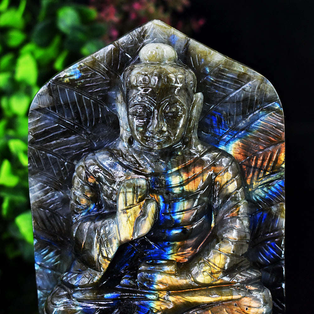 gemsmore:Exclusive Labradorite Hand Carved Genuine Crystal Gemstone Carving Leaf Palm Lord Buddha