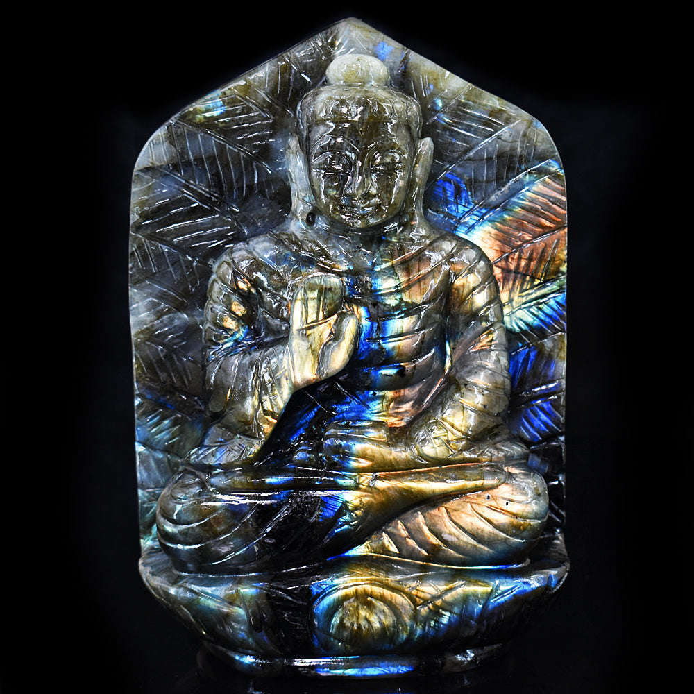 gemsmore:Exclusive Labradorite Hand Carved Genuine Crystal Gemstone Carving Leaf Palm Lord Buddha