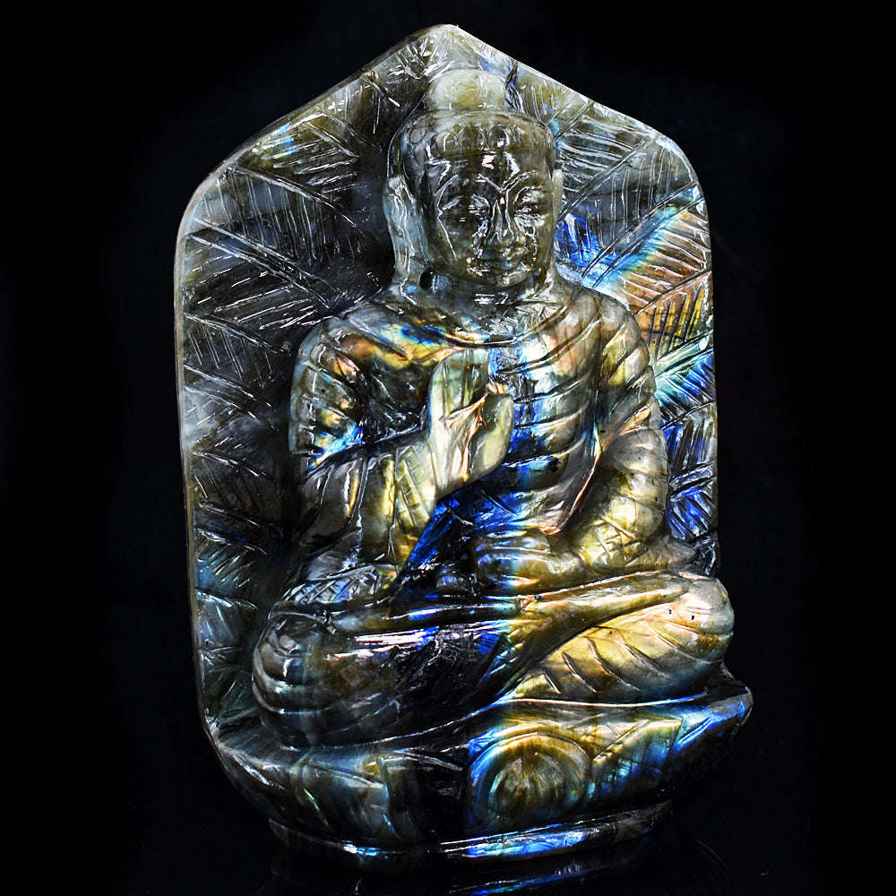 gemsmore:Exclusive Labradorite Hand Carved Genuine Crystal Gemstone Carving Leaf Palm Lord Buddha