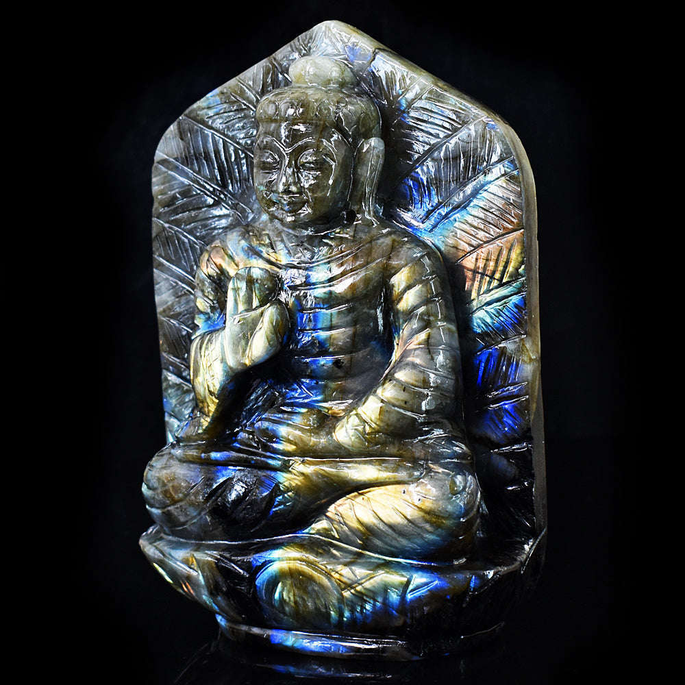 gemsmore:Exclusive Labradorite Hand Carved Genuine Crystal Gemstone Carving Leaf Palm Lord Buddha