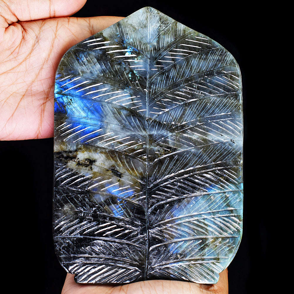 gemsmore:Exclusive Labradorite Hand Carved Genuine Crystal Gemstone Carving Leaf Palm Lord Buddha